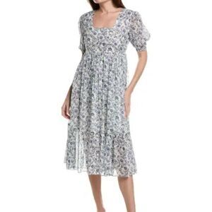 Garrie B blue floral square neck puff sleeve midi dress size M